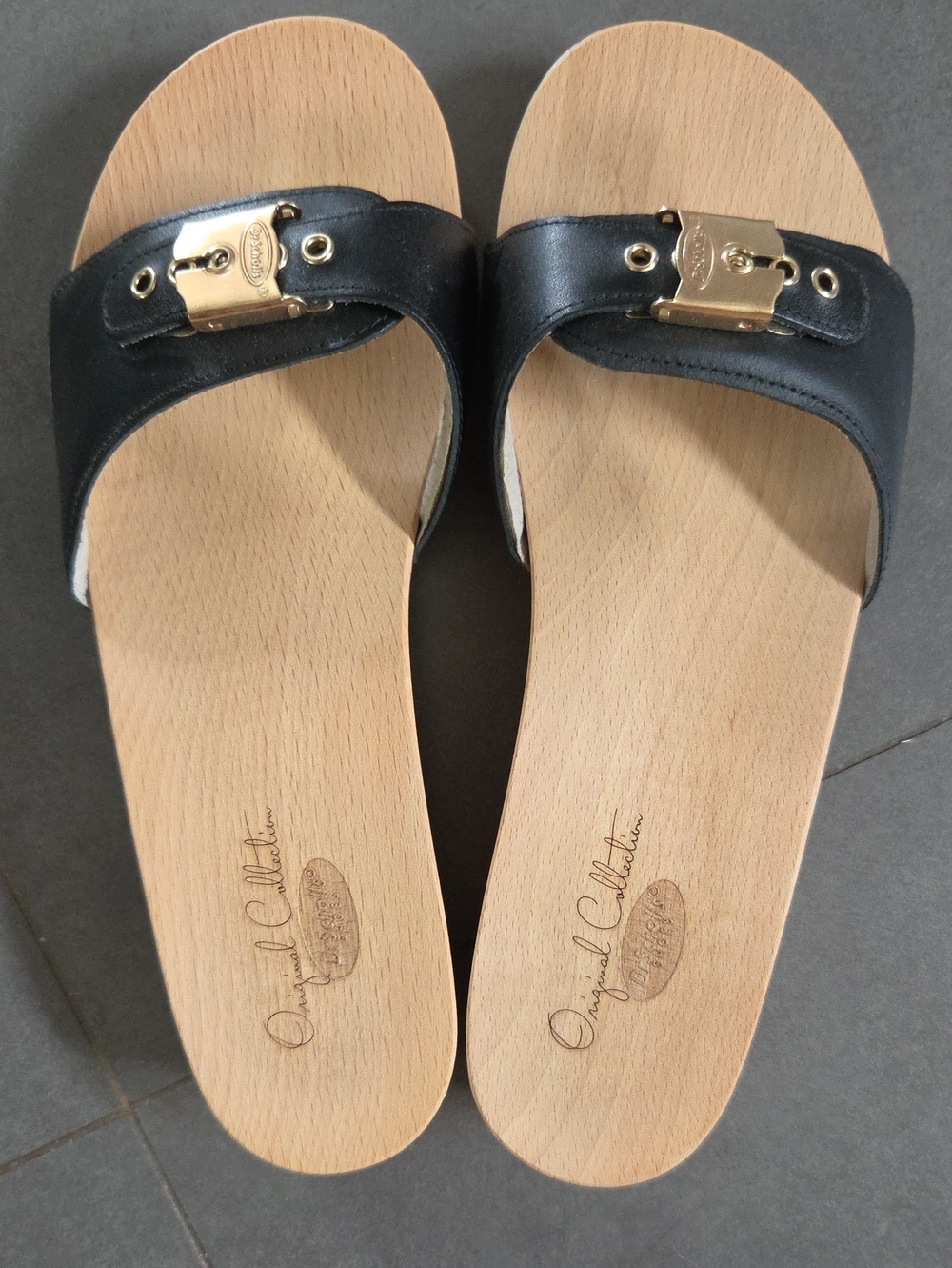 Dr. Scholl's Black Slide Sandals with Gold Accent Buckles